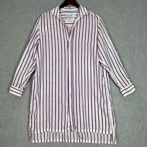 Frank & Eileen Hunter White Pink Blue Stripe Woven Linen Shirt Dress Size Large